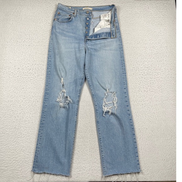 Levi's Denim - Levis Jeans Womens 31 Light Wash Ribcage Straight Distressed Raw Hem Streetwear